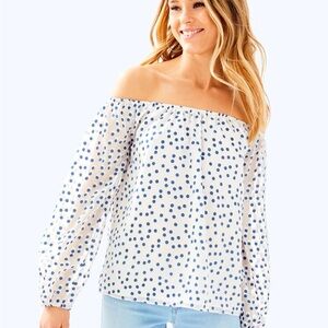 Lilly Pulitzer Lou Lou off-the-shoulder top Bennet Blue Polka Dot